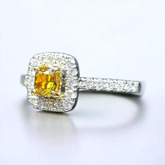 18K 白金黃鑽圍石方石戒指